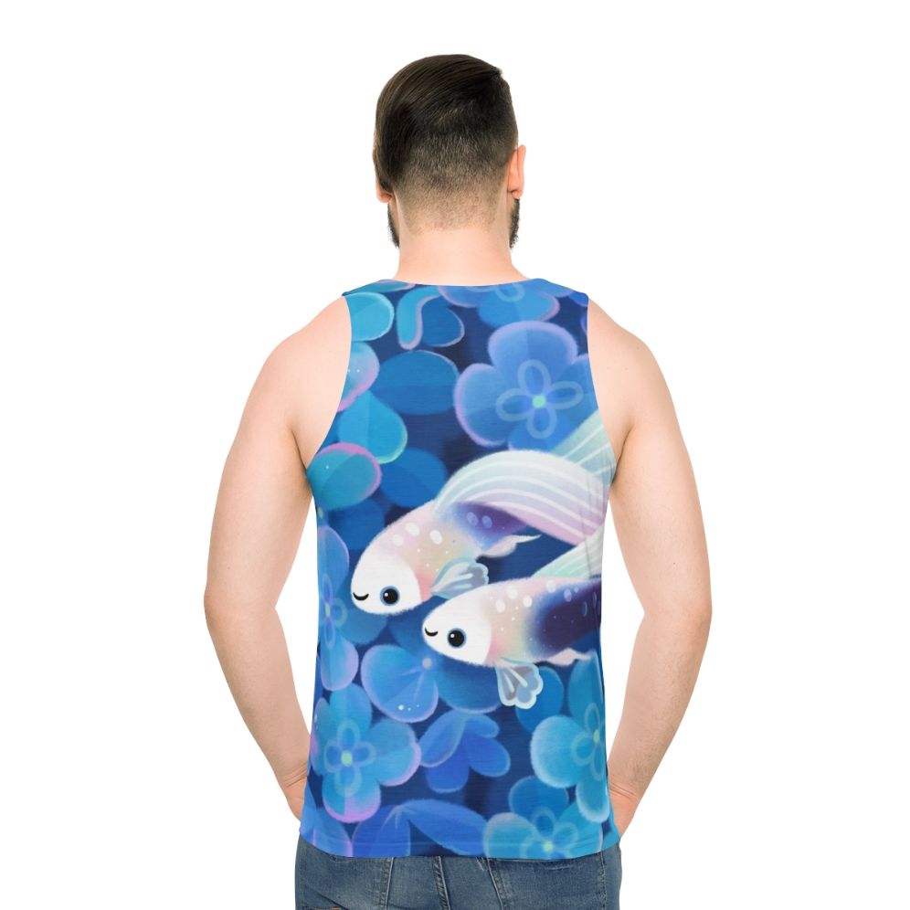 Unisex tuxedo guppy tank top with blue hydrangea floral design