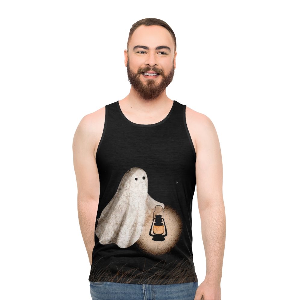 Unisex Twilight Walk Tank Top with ghostly figures and starry sky