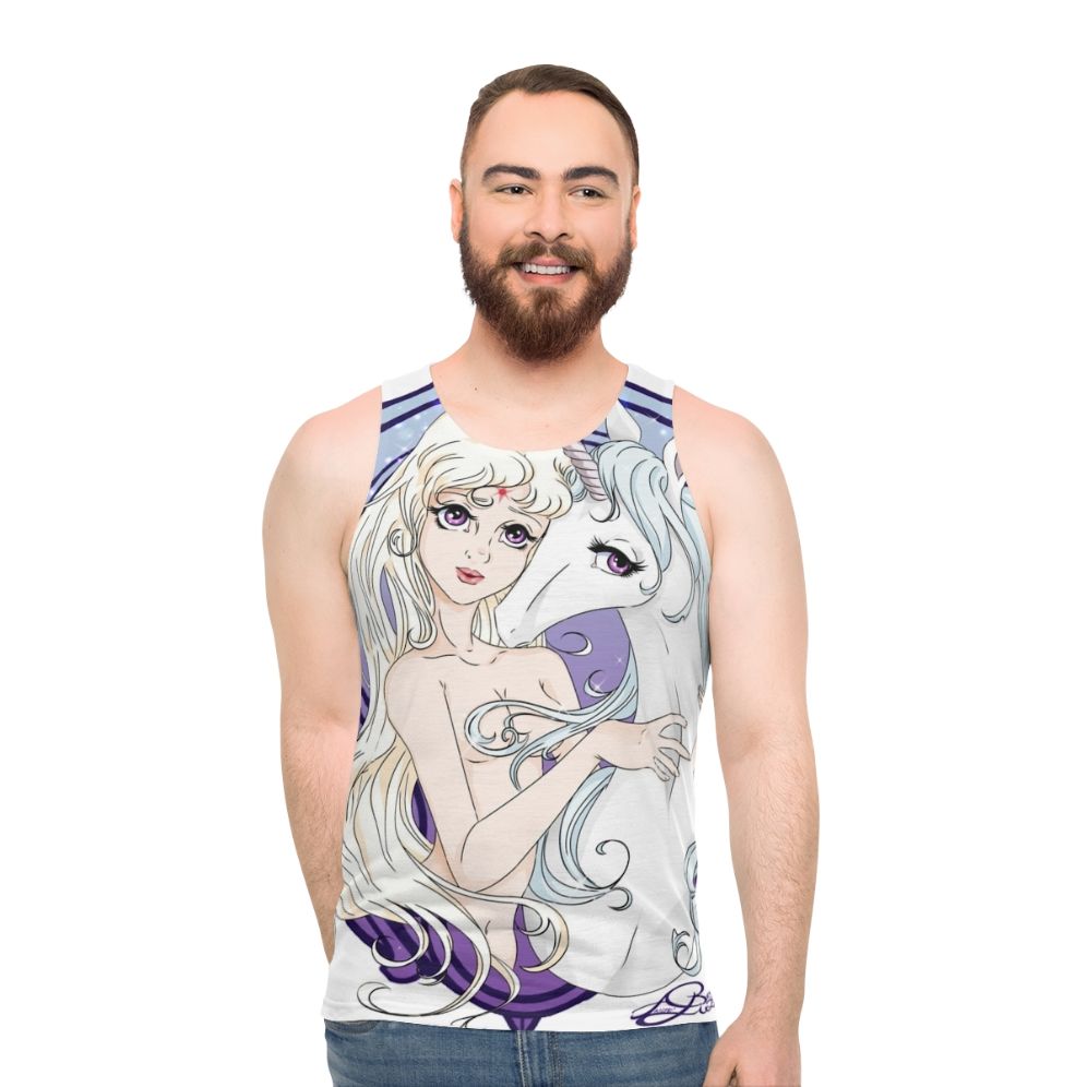 Unisex unicorn tank top featuring two versions of the fantasy classic "The Last Unicorn"
