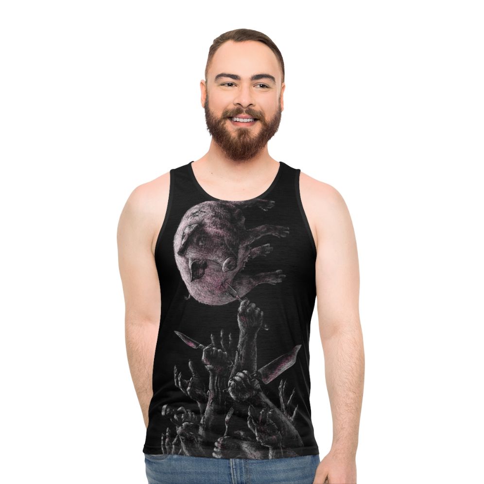 Unisex vegan tank top with pink and red pig skull and cutlery design