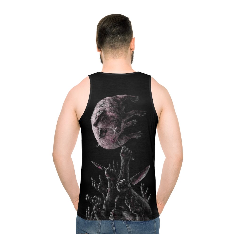 Unisex vegan tank top with pink and red pig skull and cutlery design