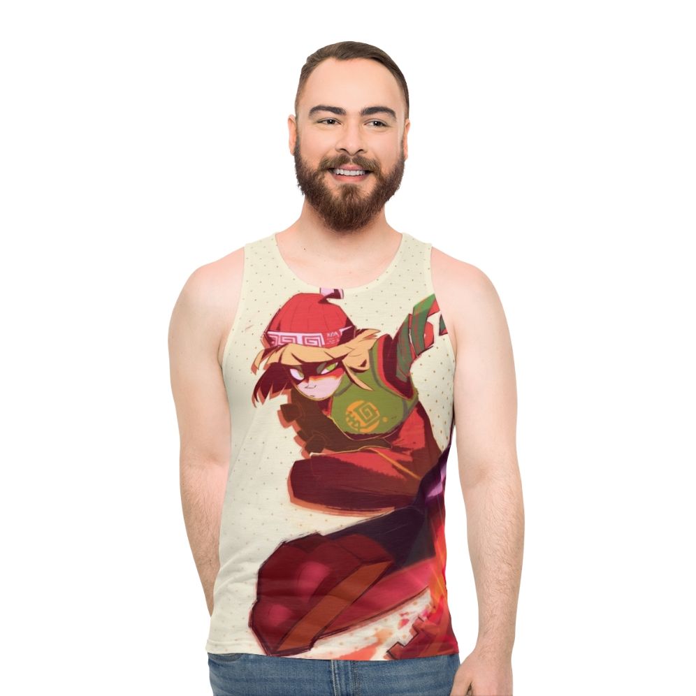 Unisex video game-inspired dragon and ramen tank top