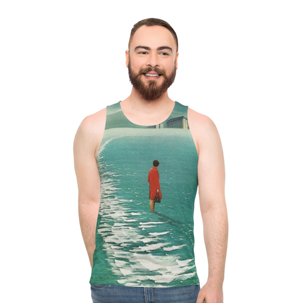 Unisex tank top with dystopian landscape and retro futuristic urban decay