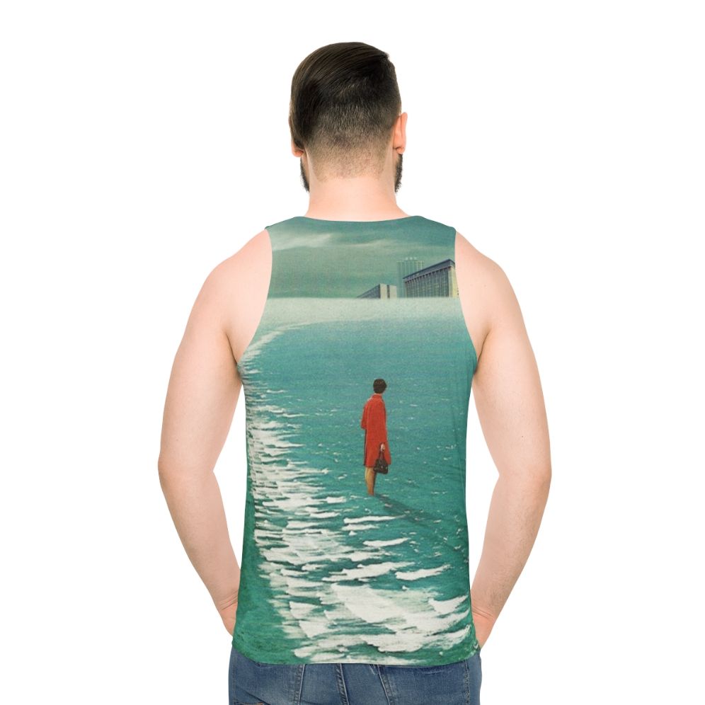 Unisex tank top with dystopian landscape and retro futuristic urban decay
