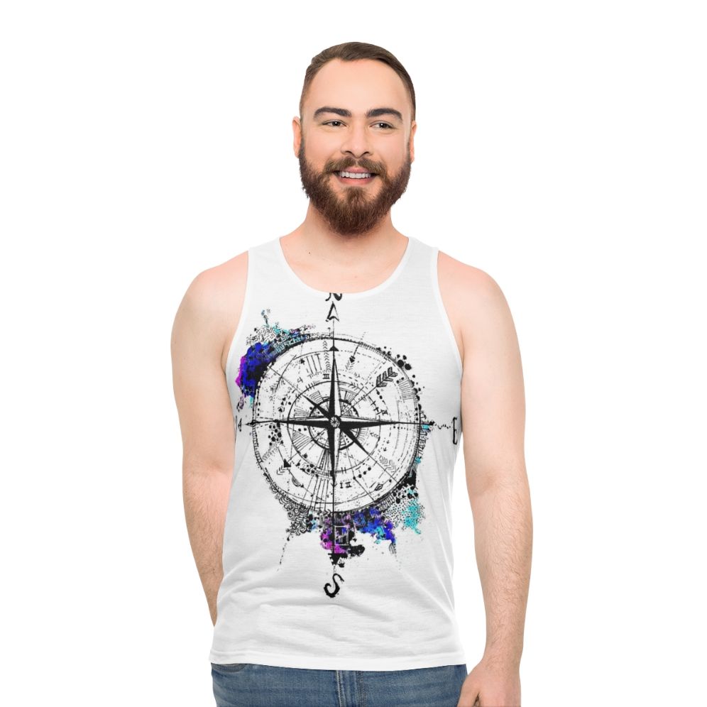 Unisex tank top with wanderlust compass design and world map