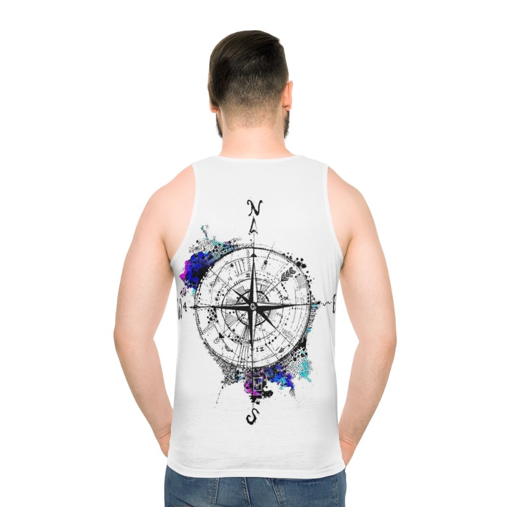 Unisex tank top with wanderlust compass design and world map