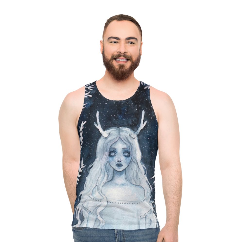 Unisex watercolor fantasy tank top with deer and starry night design