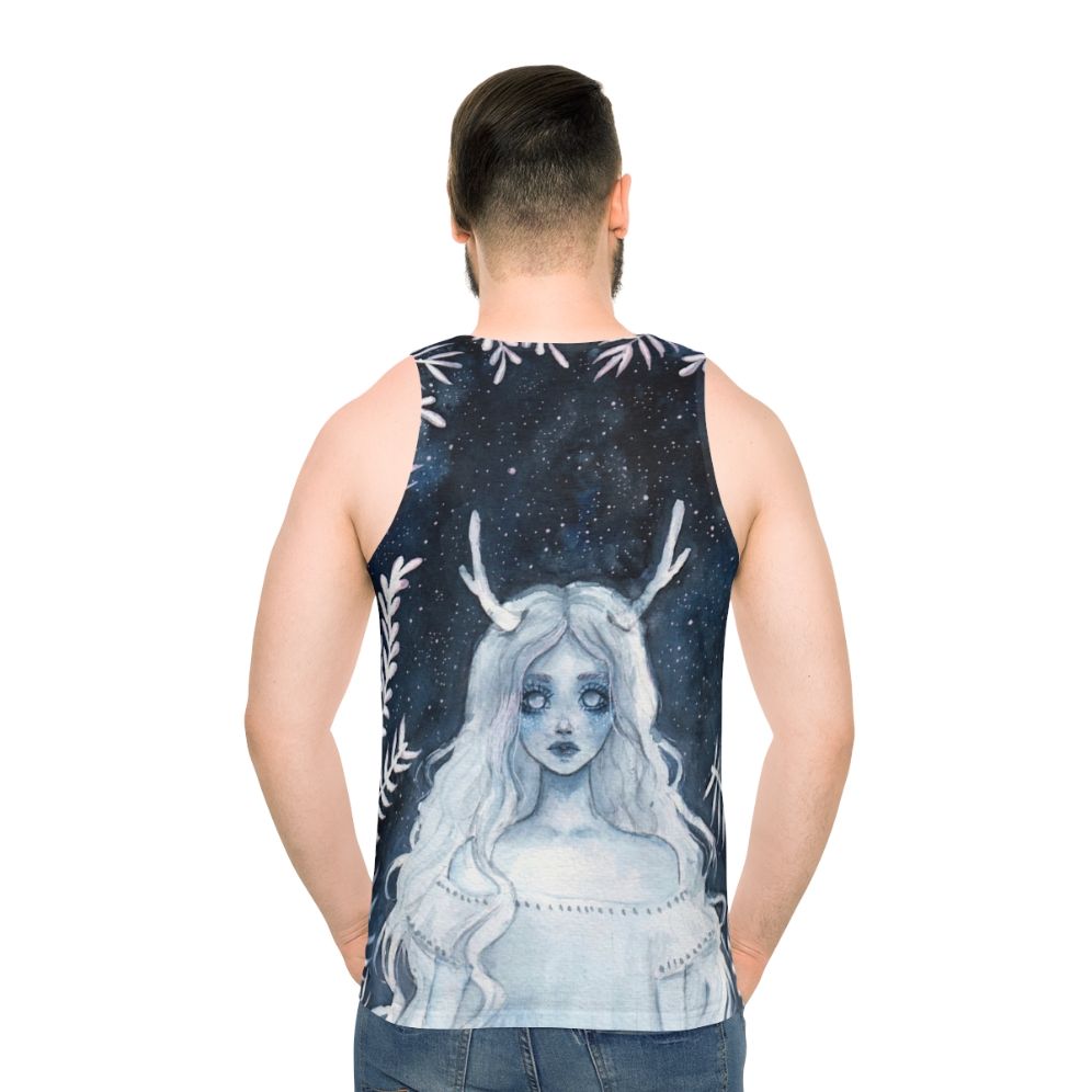 Unisex watercolor fantasy tank top with deer and starry night design