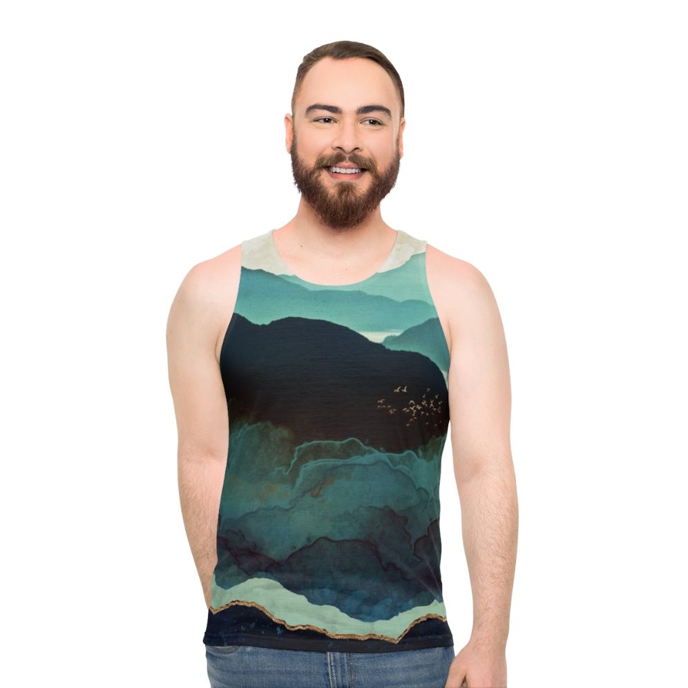 Unisex watercolor tank top with mountain landscape design