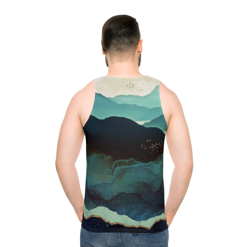Unisex watercolor tank top with mountain landscape design