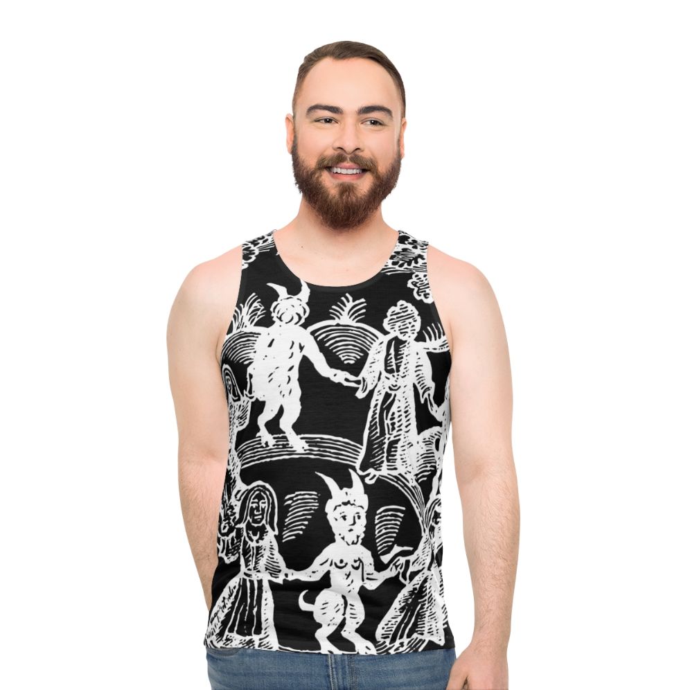 Unisex white 'Dance With The Devil' tank top featuring a vintage-style design with skull, goat, and magical elements