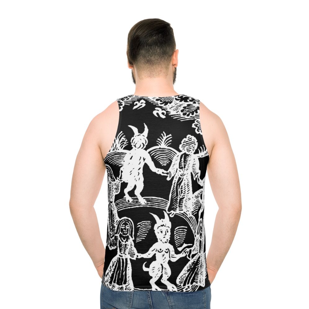 Unisex white 'Dance With The Devil' tank top featuring a vintage-style design with skull, goat, and magical elements