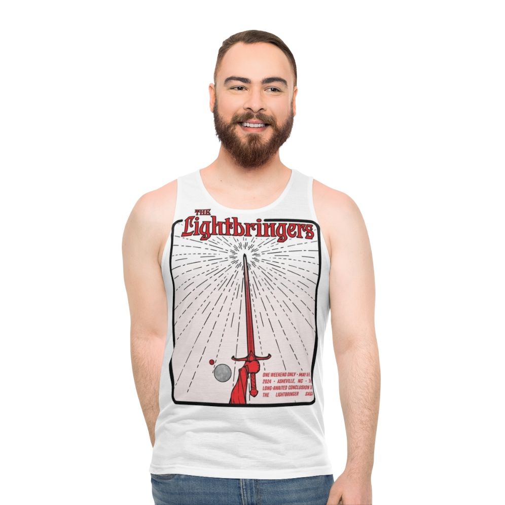 Unisex white graphic tank top with Lightbringers farewell design