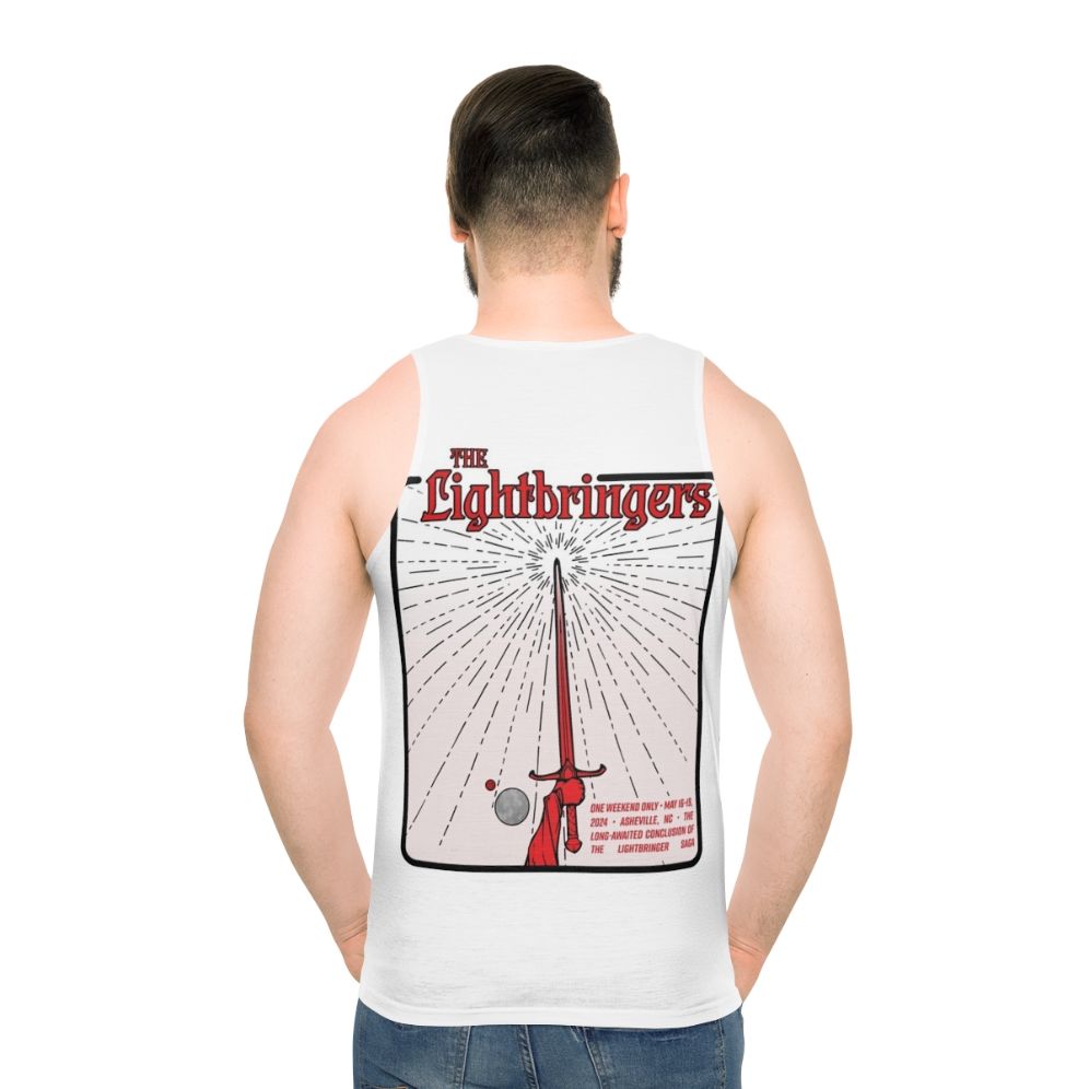 Unisex white graphic tank top with Lightbringers farewell design