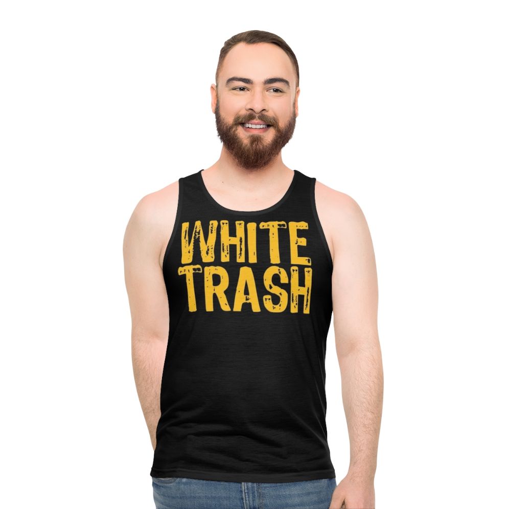 Unisex white tank top with funny "trailer trash" design