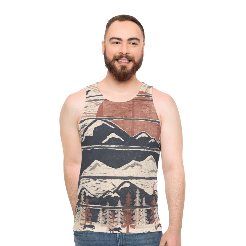 Unisex winter adventure tank top with nature and wildlife graphics