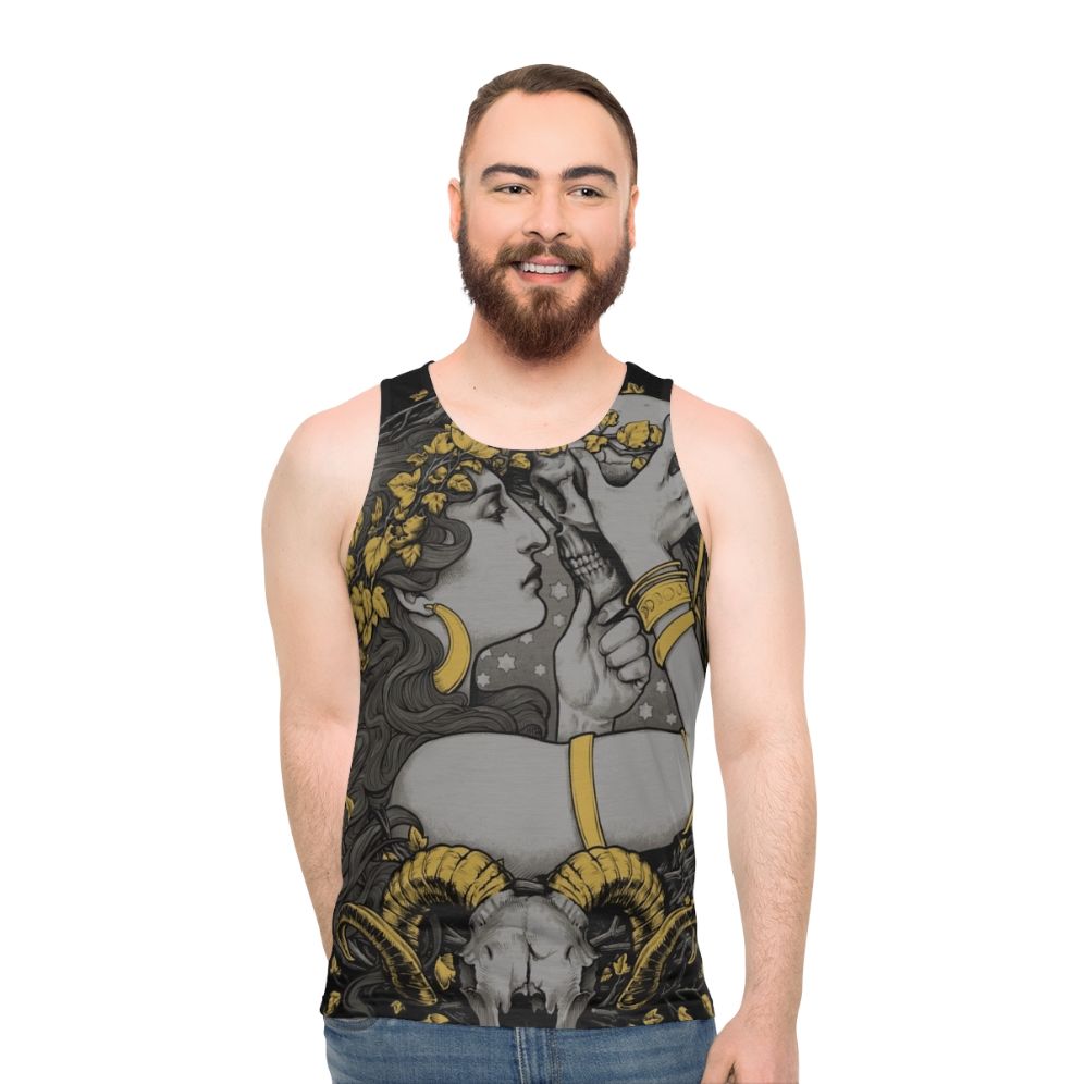 Unisex witch tank top with gothic botanical skull design