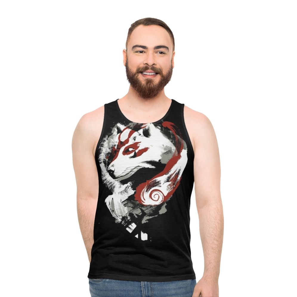 Unisex wolf graphic tank top with retro painterly okami and amaterasu design