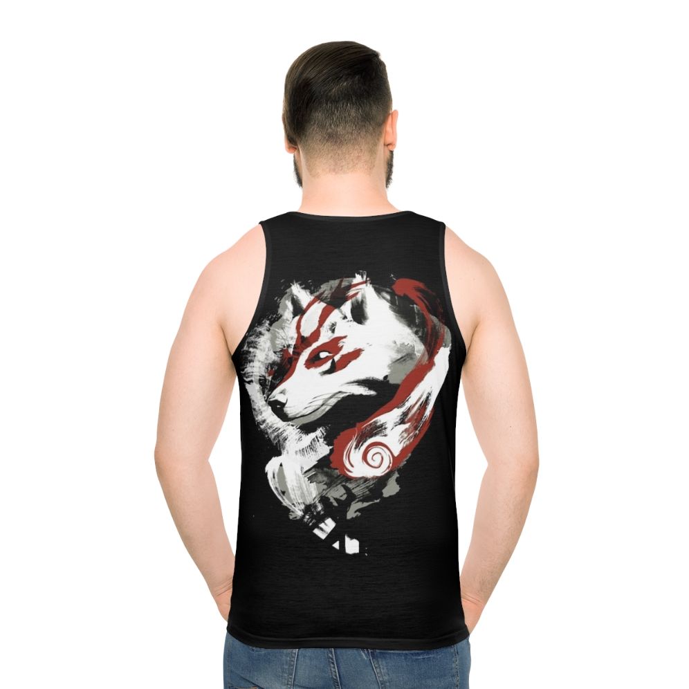 Unisex wolf graphic tank top with retro painterly okami and amaterasu design