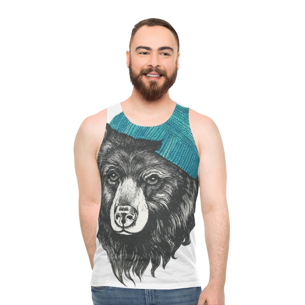 Unisex blue tank top with Zissou the bear design