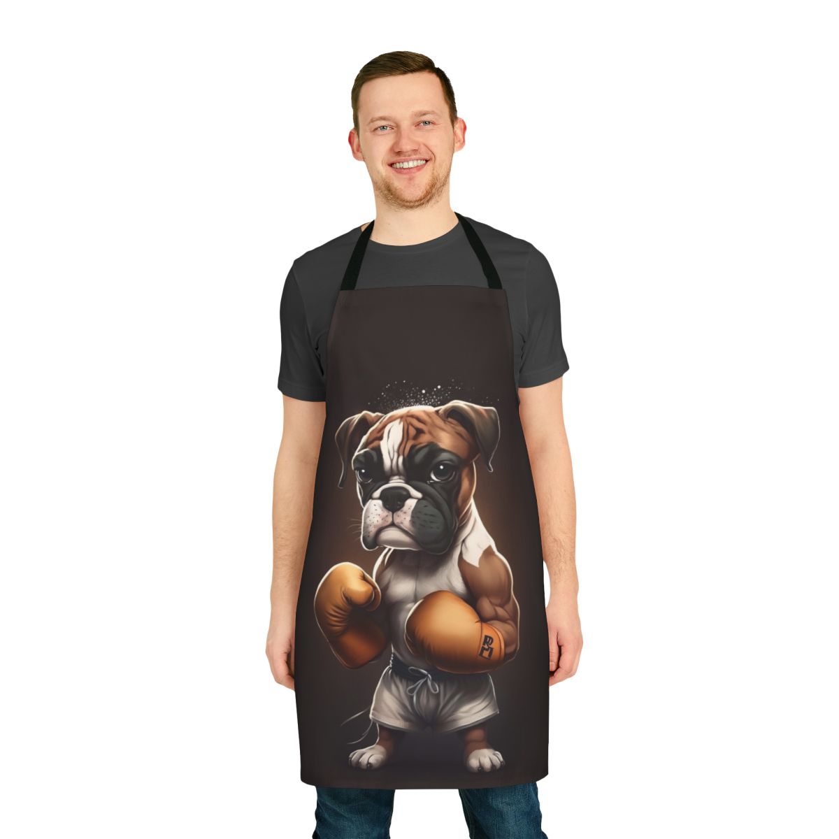 A stylish apron featuring a boxing dog design, perfect for animal lovers and pet owners.