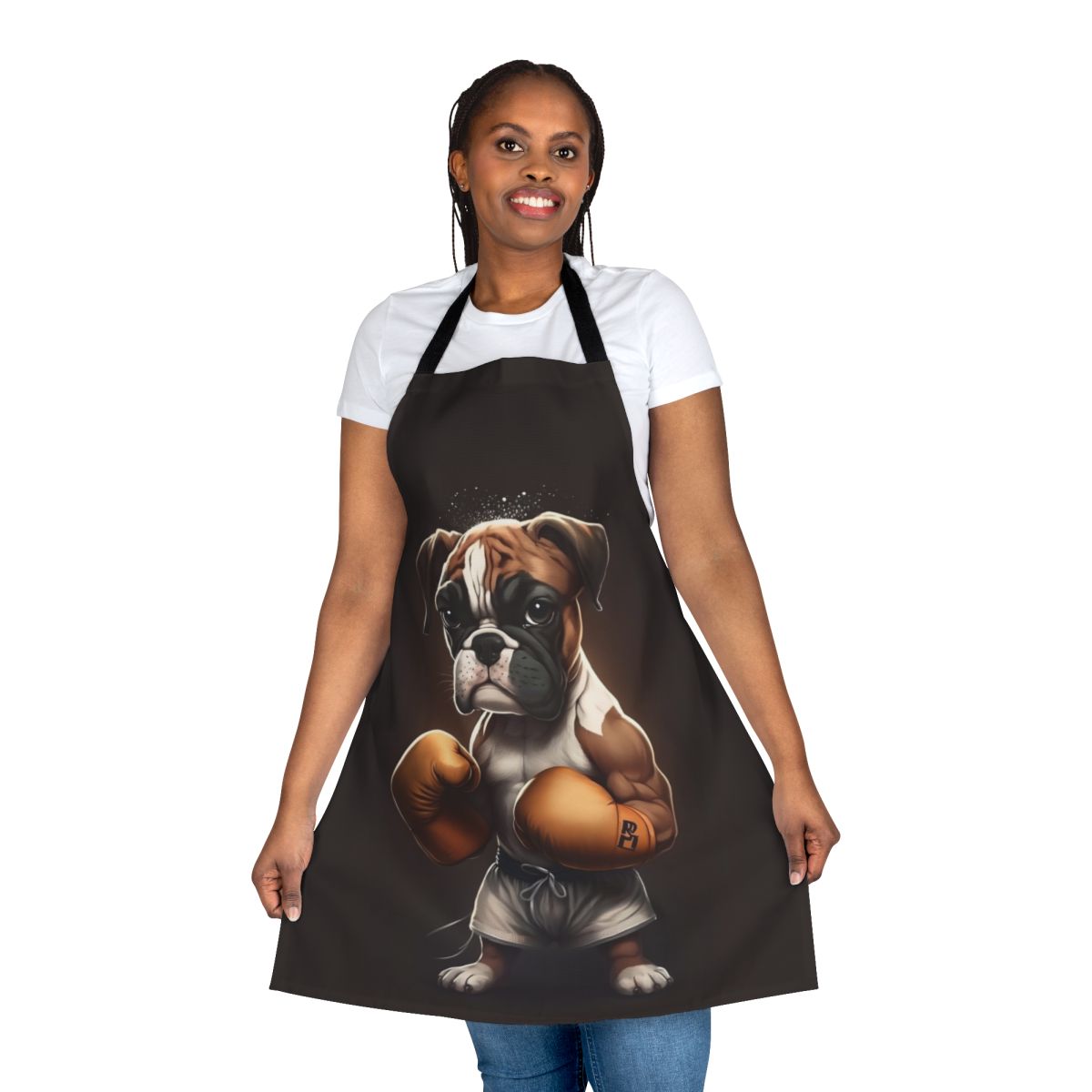 A stylish apron featuring a boxing dog design, perfect for animal lovers and pet owners.