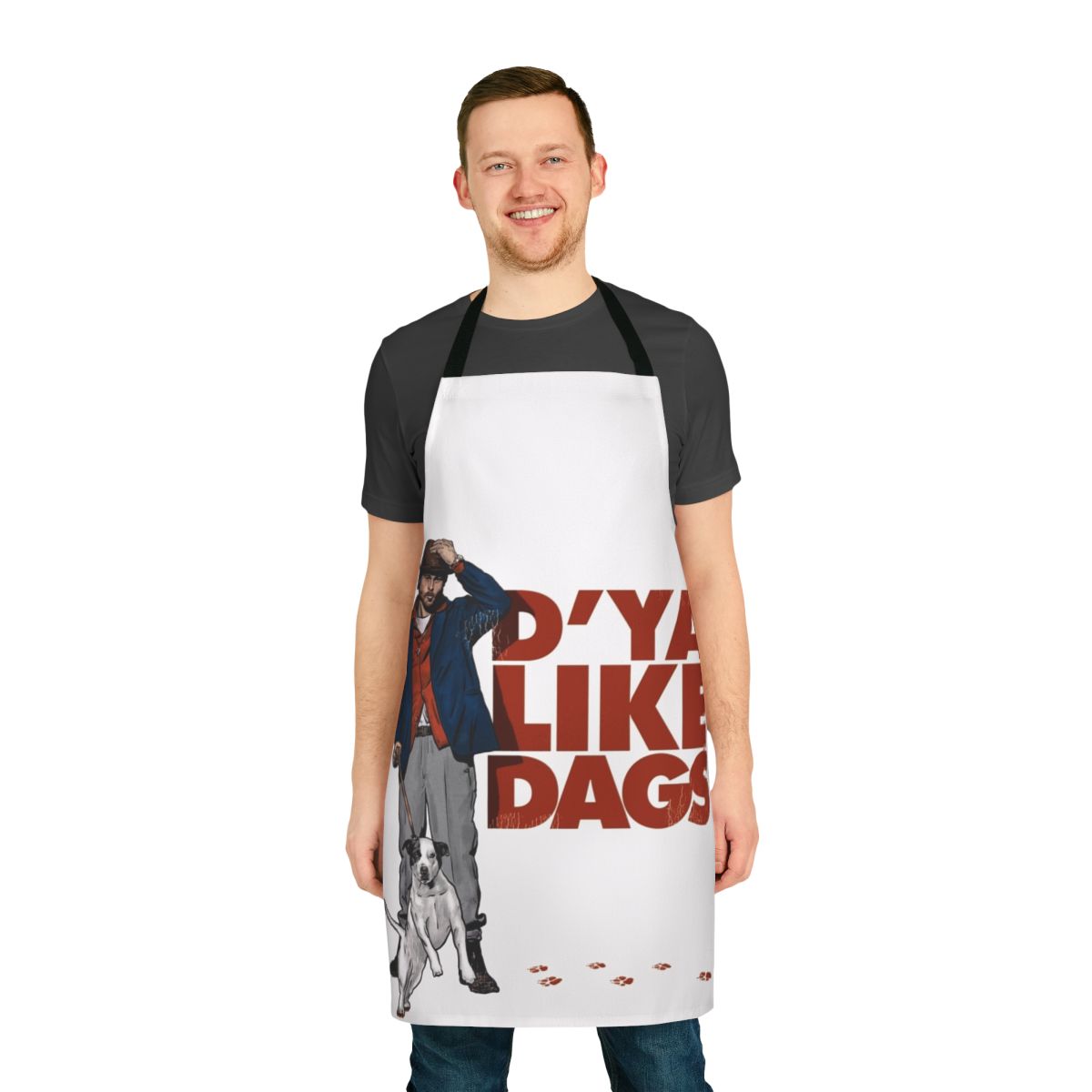 A humorous dog-themed apron with a "D Ya Like Dags" design, inspired by the movie Snatch.
