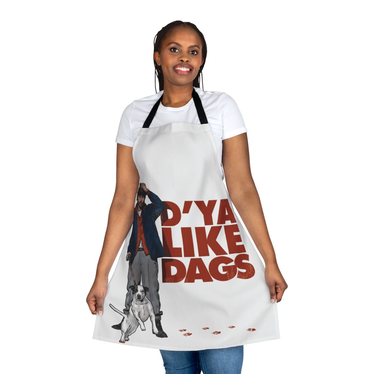 A humorous dog-themed apron with a "D Ya Like Dags" design, inspired by the movie Snatch.