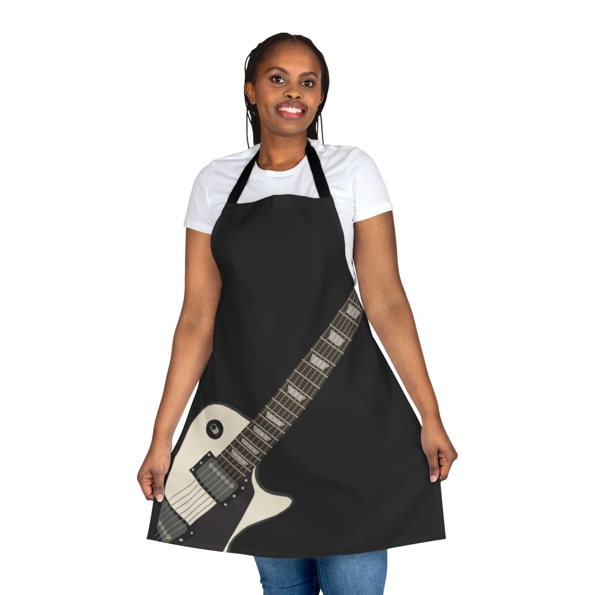 Person wearing a "Ready for Air Guitar" apron while playing an electric guitar