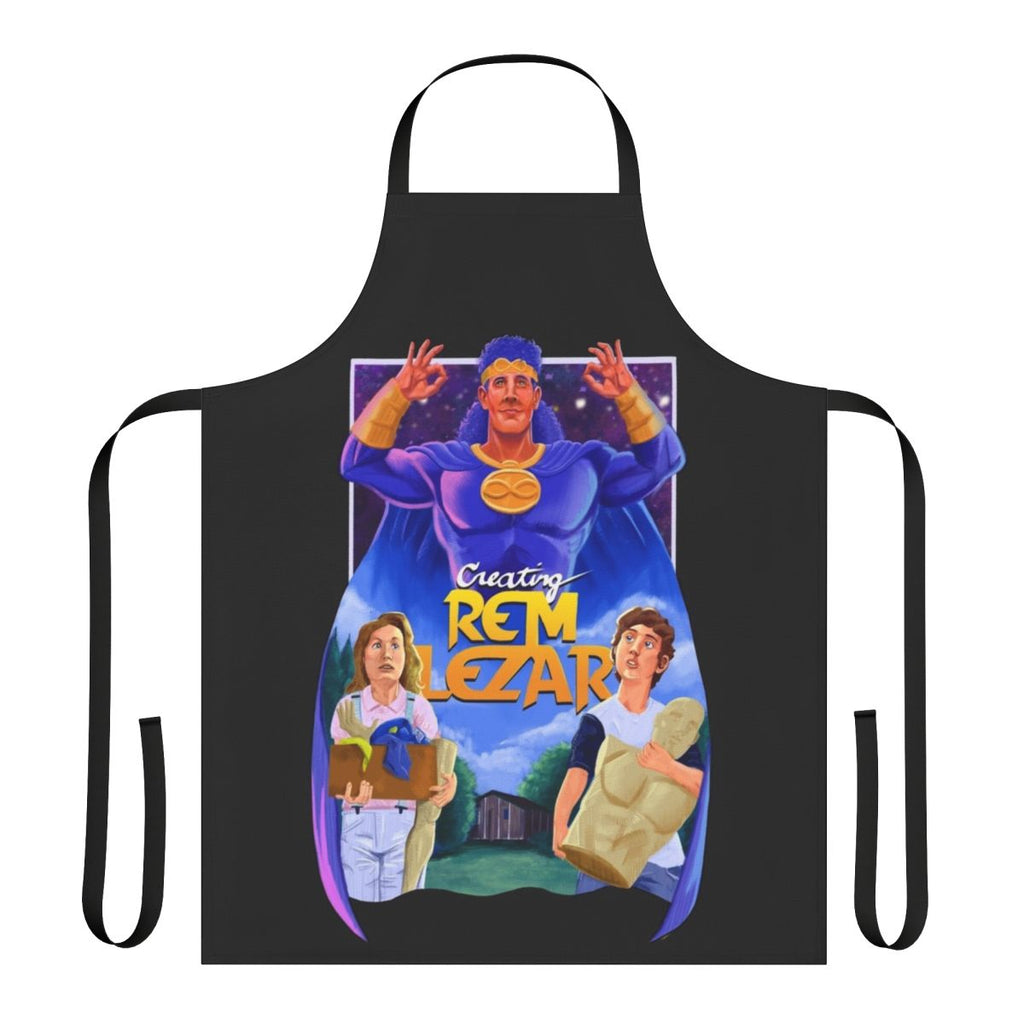 Colorful apron featuring a fan-made "Creating Rem Lezar" movie poster design