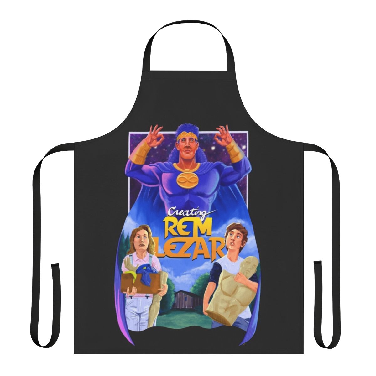 Colorful apron featuring a fan-made "Creating Rem Lezar" movie poster design