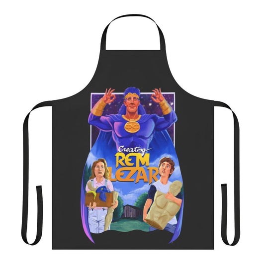 Colorful apron featuring a fan-made "Creating Rem Lezar" movie poster design