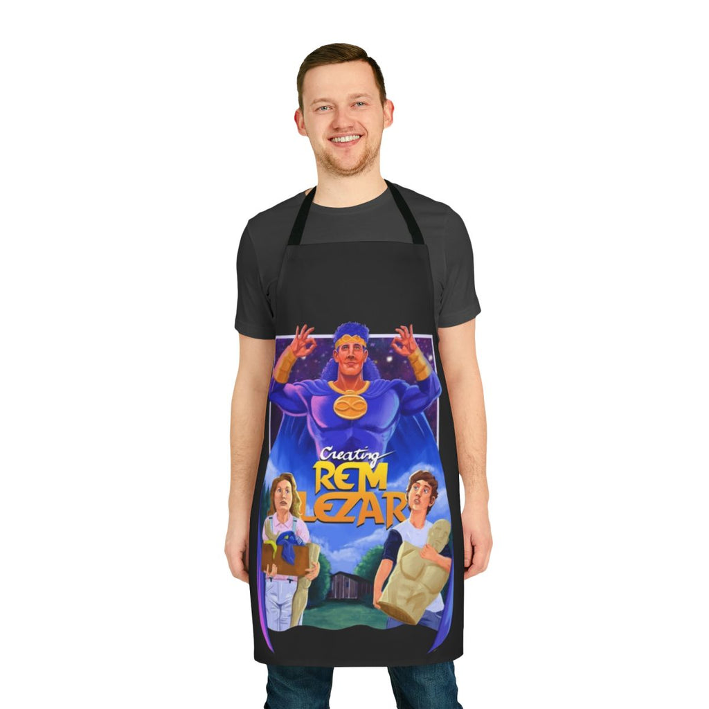 Colorful apron featuring a fan-made "Creating Rem Lezar" movie poster design