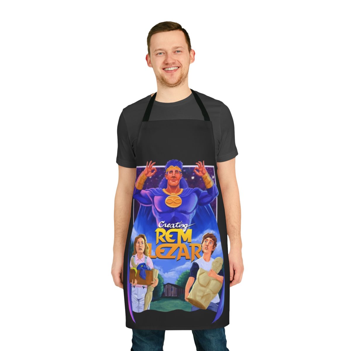 Colorful apron featuring a fan-made "Creating Rem Lezar" movie poster design