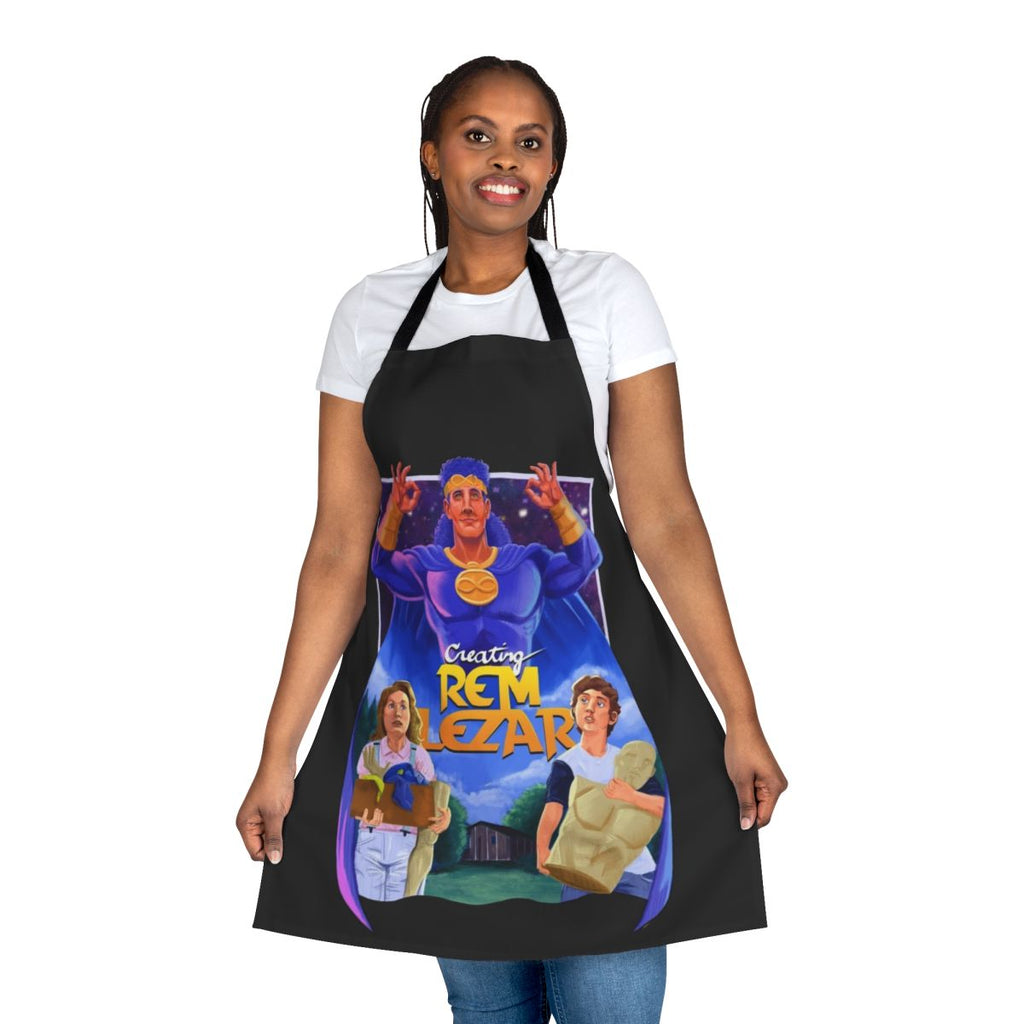 Colorful apron featuring a fan-made "Creating Rem Lezar" movie poster design