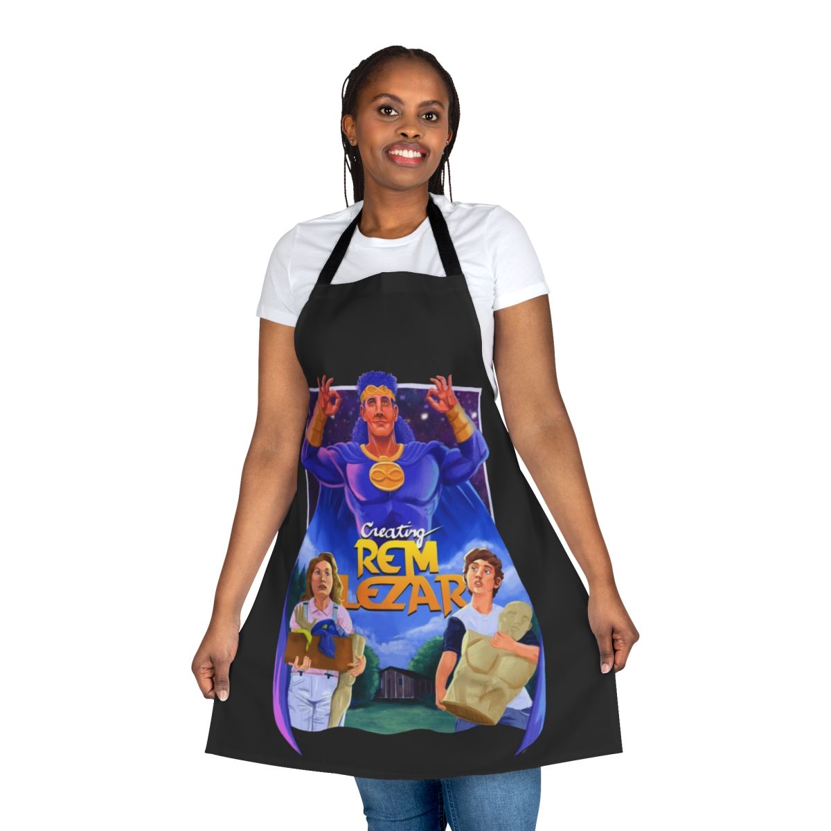 Colorful apron featuring a fan-made "Creating Rem Lezar" movie poster design