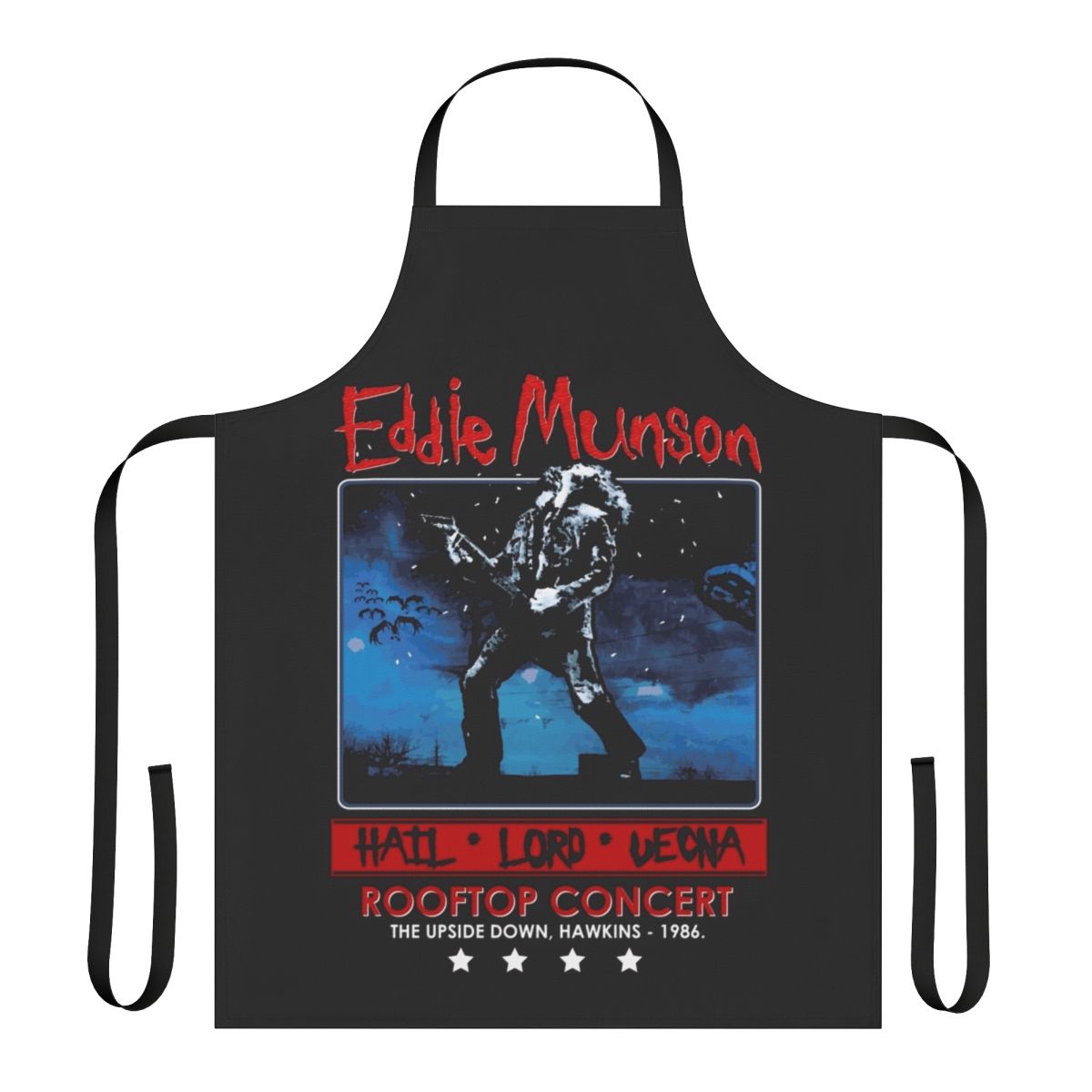 Apron featuring a graphic inspired by Eddie Munson's rooftop concert in Stranger Things Season 4