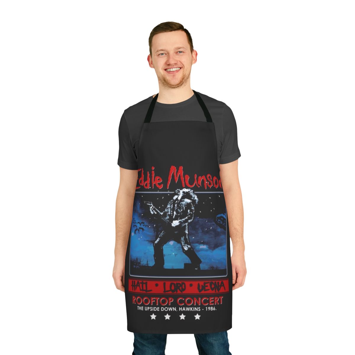 Apron featuring a graphic inspired by Eddie Munson's rooftop concert in Stranger Things Season 4