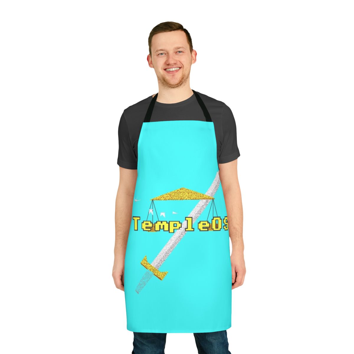 An apron featuring the Temple OS logo, a niche and esoteric operating system created by the late Terry A. Davis.