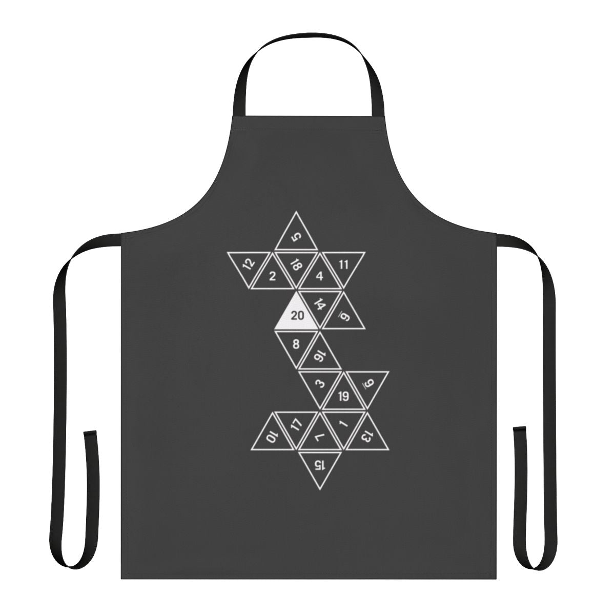 Unrolled d20 dice design on a high-quality apron for dungeons and dragons players and other tabletop RPG enthusiasts