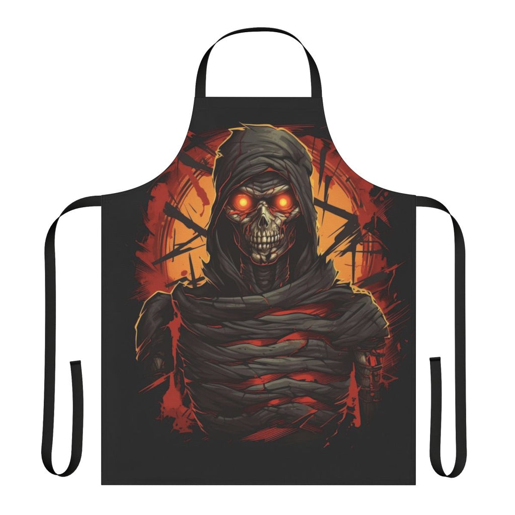 Dark apron with creepy mummy design, featuring glowing red eyes and sharp decayed teeth.