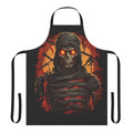 Dark apron with creepy mummy design, featuring glowing red eyes and sharp decayed teeth.