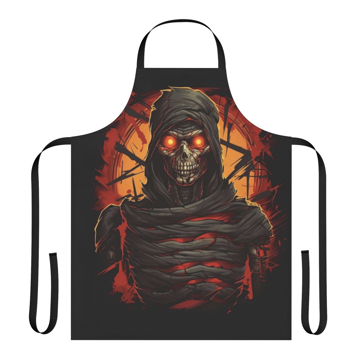 Dark apron with creepy mummy design, featuring glowing red eyes and sharp decayed teeth.