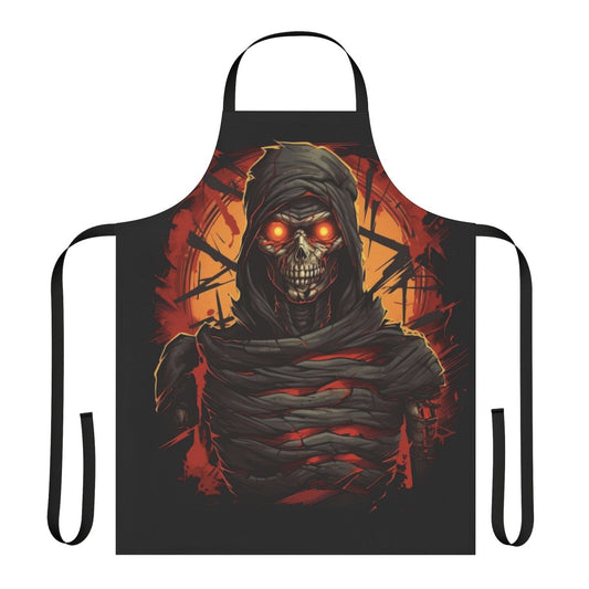 Dark apron with creepy mummy design, featuring glowing red eyes and sharp decayed teeth.