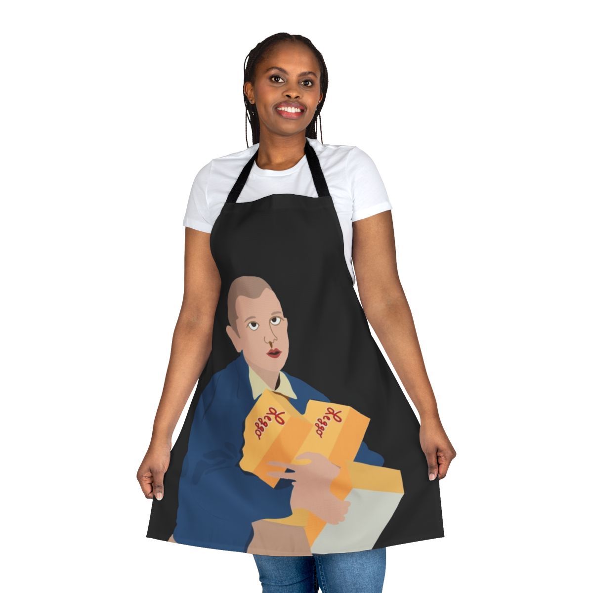 Apron featuring a sticker-style illustration of Eleven from the TV show Stranger Things