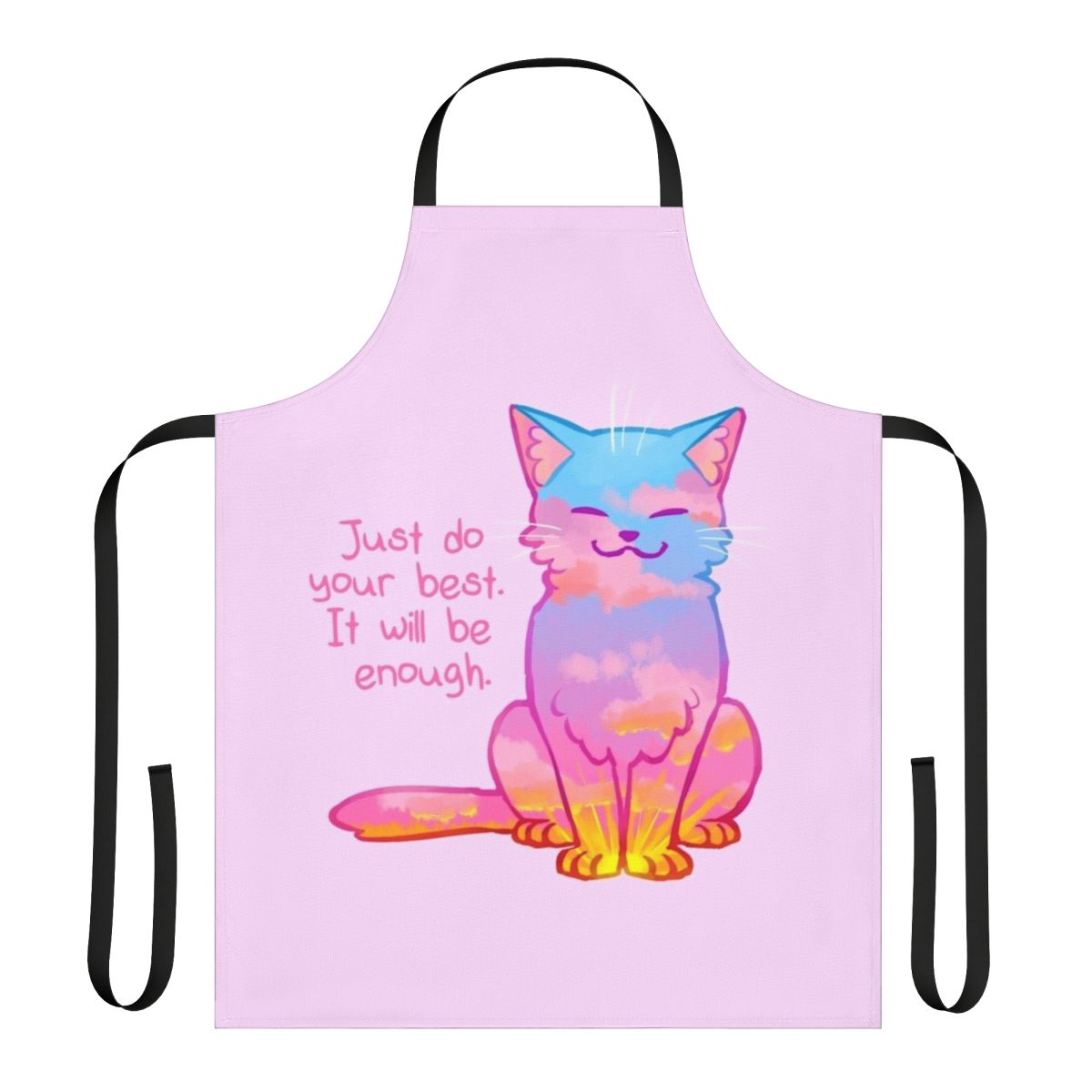Sunset-themed apron with a cute cat design, promoting self-love and mental well-being