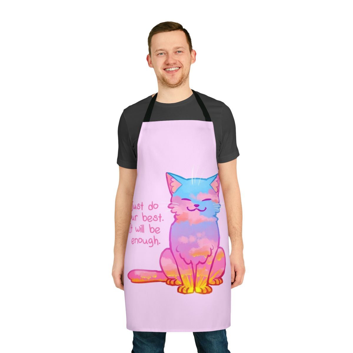 Sunset-themed apron with a cute cat design, promoting self-love and mental well-being