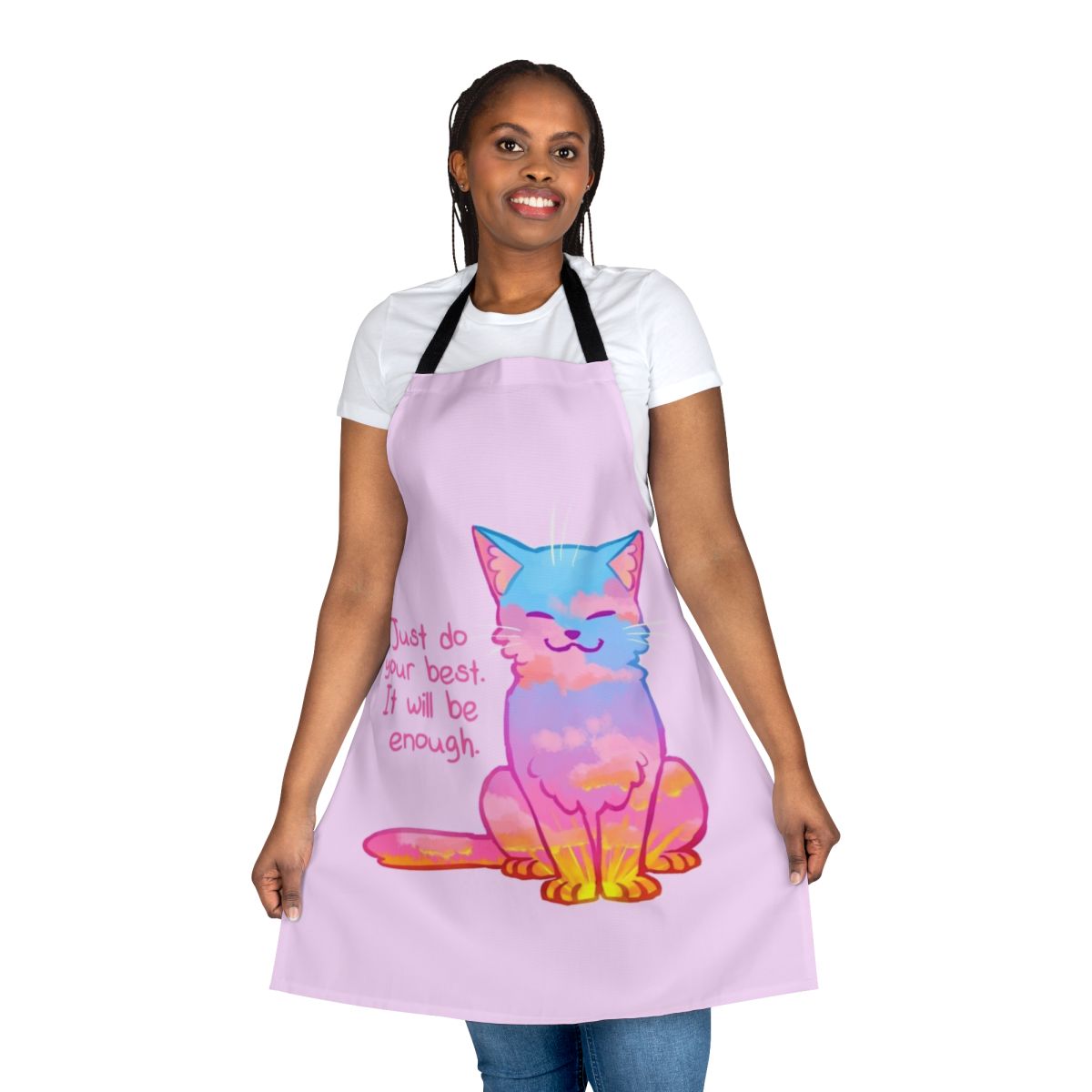 Sunset-themed apron with a cute cat design, promoting self-love and mental well-being