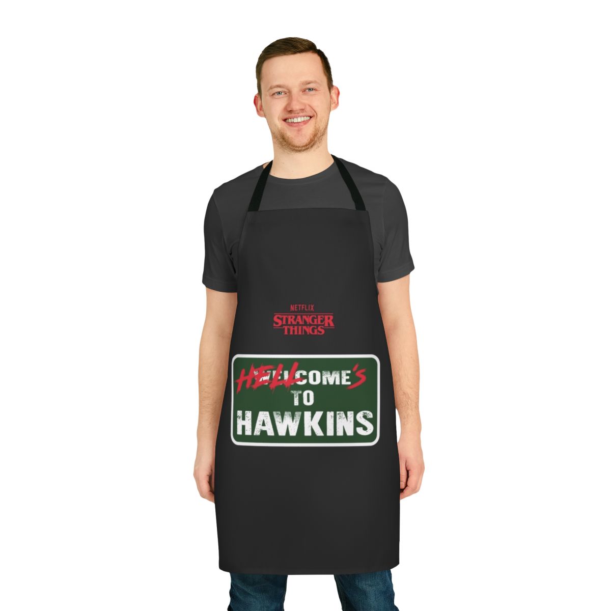 Stranger Things inspired apron featuring the Upside Down and Hawkins design