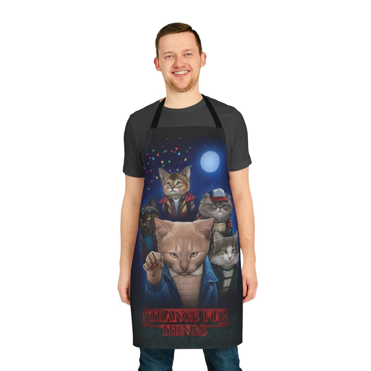 Apron featuring upside down cats and "Strange Fur Things" design